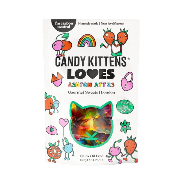 Vegan Sweets, CANDY KITTENS LOVES, Packed With Fruit Juice & Natural Ingredients, Big Flavours & Love From Little Kittens, Vegetarian Sweet Bags With Massive Fruit Flavours - 1x Bag (140g)