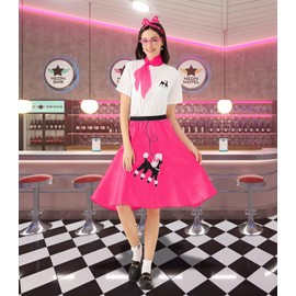 VillbeCoser 10Pcs Sock Hop Outfits Women, 1950s Poodle Skirts, Poodle T-Shirt Costume with 50s Accessories Socks Scarf Rose