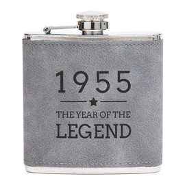 Engraved Grey Hip Flask - 1955 Year of The Legend Design - 70th Birthday Gifts for Men Him - 6oz Leather Wrapped Canteen