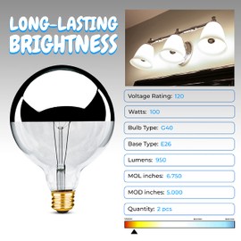 OHLECTRIC G40 Half Chrome Light Bulb 100W with E26 Base and 950 Lumens | Warm White 2700K Color Bulb for Chandeliers, Pendant & Decorative Light | 2-Pack