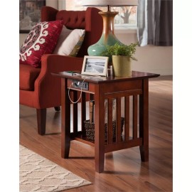 AFI Mission Solid Wood End Table with Built in Device Charger in Brown Walnut
