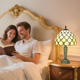 Ppbmocw Small Tiffany Style Stained Glass Table Lamp, 8 Inch Antique Handcrafted Desk Light for Bedside Living Room Bedroom Reding Office Home, 3 Color Temperatures Dimmable E26 Bulb (Beige Beads)