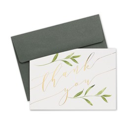 Masterpiece Watercolor Greenery Thank You Cards / 50 Gold Foil Accented Cards With Deep Sage Envelopes / 3 1/2" x 4 7/8" Small Gratitude Appreciation Floral Note Cards