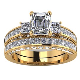 Yellow Gold Filled Three-stone Womens Wedding Ring Sets Bridal Sets Princess cut Cz Engagement Ring Wedding Bands