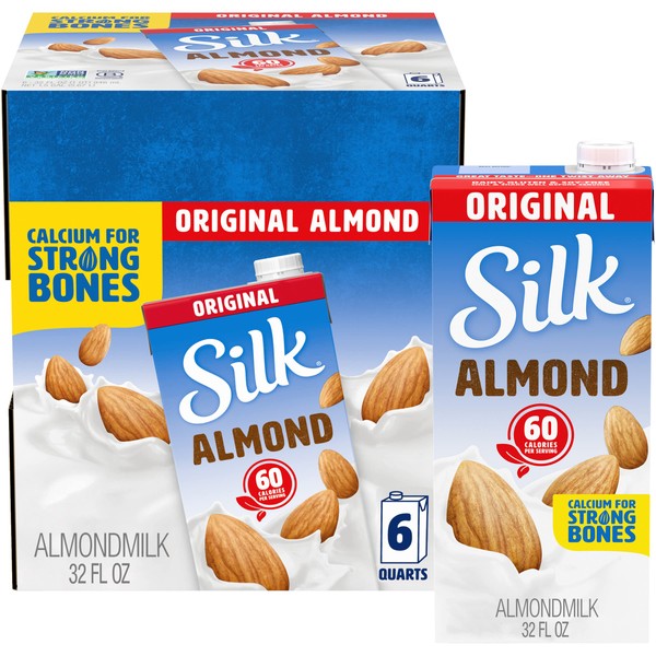 Silk Shelf-Stable Almond Milk, Original, Dairy-Free, Vegan, Non-GMO Project Verified, 1 Quart (Pack of 6)