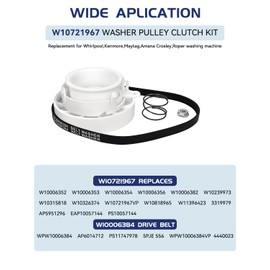 Upgraded W10721967 Washer Pulley Clutch Kit & W10006384 Drive Belt-Fit for Whirlpool Kenmore Maytag washing machine Replaces PS10057144 W10006354 W10006356 W10239973 W10006352 AP6014712 WTW5000DW1