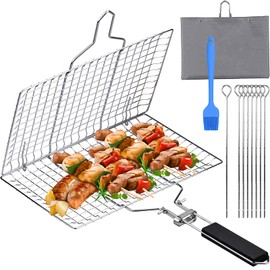 Fish Grilling Basket, Folding Portable Stainless Steel BBQ Grill Basket for Fish Vegetables Shrimp with Removable Handle for Fish Vegetables Steak with 8 BBQ fork, Storage Bag and Brush(32x 21.5cm)