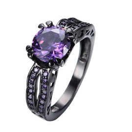 ASFKIPMF Black CZ Fashion Amethyst Purple Birthstone Ring Round Cut 10KT Bridal Sets Black Gold Plated Womens Wedding Ring Sets Green Cz Engagement Ring Wedding Rings Band for Women Girls Size O