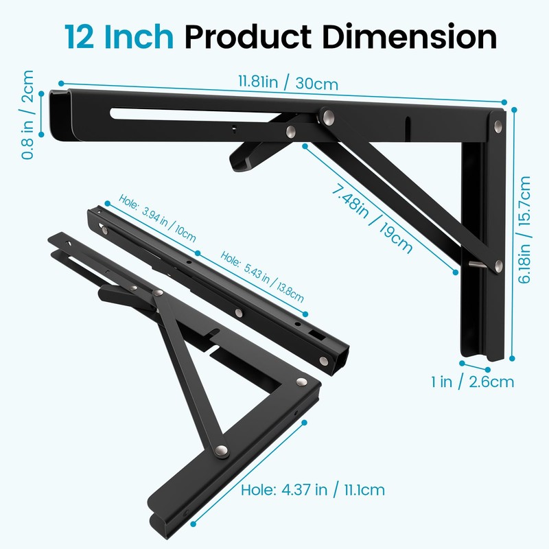 Platibo Folding Shelf Brackets 12 Inch,Heavy Duty Metal Collapsible Shelf