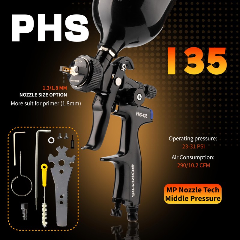 PORPHIS Automotive Refinishing Spray Gun PHS-135 Middle Pressure 1.3mm Nozzle