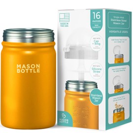 Mason Bottle Stainless Steel Mason Jar (Lid NOT Included) - Insulated Mason Jar - BPA-Free, Single-Wall, Regular-Mouth - Snack Cup, Smoothie Cup for Kids (16oz, Yellow)