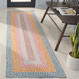 Safavieh Braided Collection Runner - 2'3" x 8', Aqua & Pink, Indoor/Outdoor, Machine Washable, Ideal for High Traffic Areas in The Living Room, Patio, Backyard, Mudroom (BRD318J)
