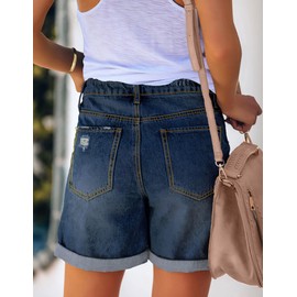 Roskiky Ripped Jeans Women's High Rise Distressed Rolled Hem Jeans Shorts, Darkness Blue, XXL