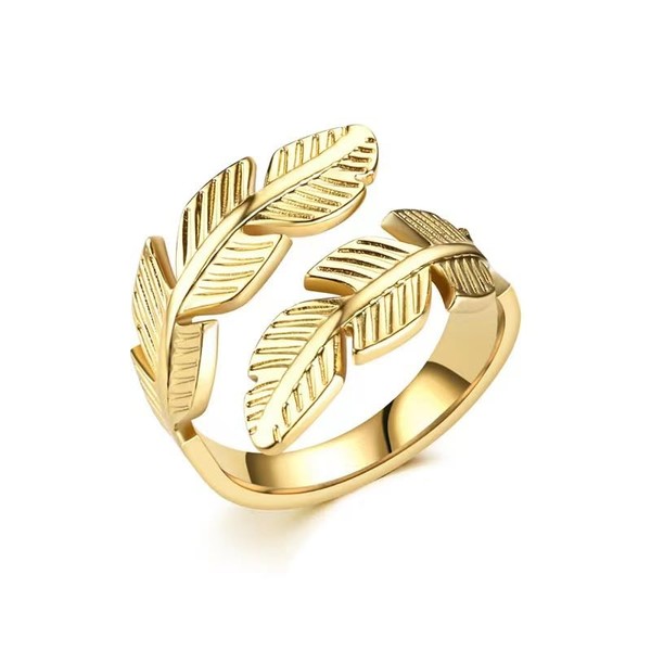 Vurotry Gold Open Leaf Ring for Women Wings Feather Titanium