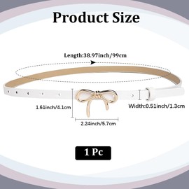CALFOVERA Bow Skinny PU Leather Waist Belt for Women Adjustable 1.3cm Width White Belts with Gold Alloy Bowknot Buckle Thin Elegantes Slim Leather Waist Strap Band for Ladies Dresses Jeans Pants