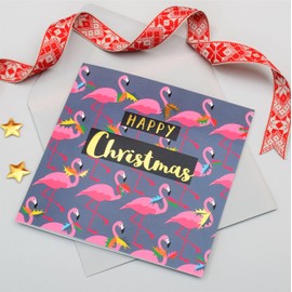 Christmas Card, Flamingoes and Holly, text foiled in shiny gold
