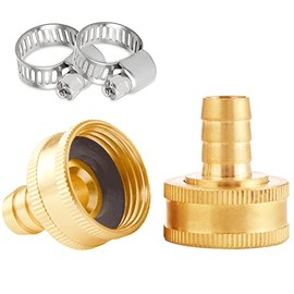 Uenede 2PCS Solid Brass Garden Hose Repair Connector 3/4" GHT Female x 1/2" Barb Fittings Include 2 Stainless Steel Clamps