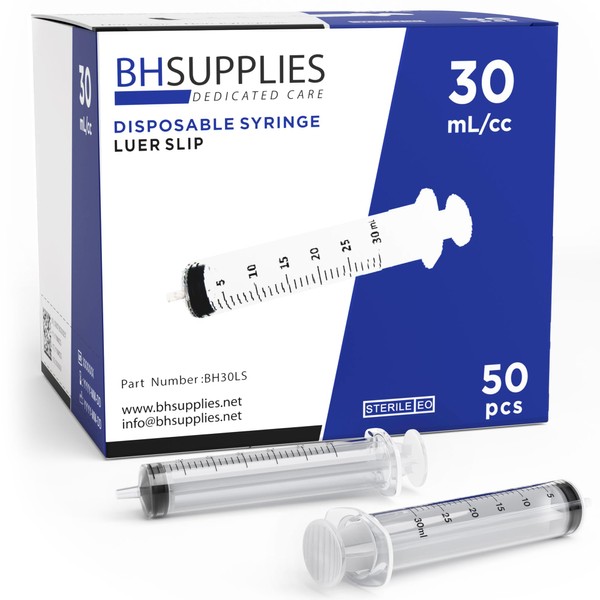 BH Supplies 30ml Luer Slip Tip Syringes (No Needle) - Sterile, Individually Wrapped - 50 Syringes