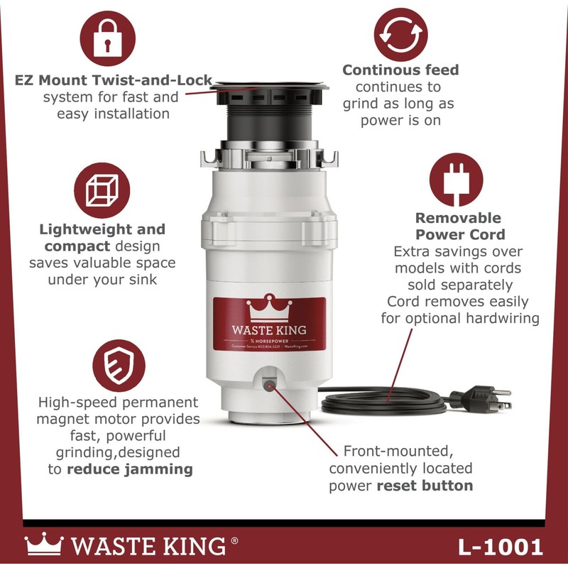 Waste King Garbage Disposal for Kitchen Sink with Power Cord,