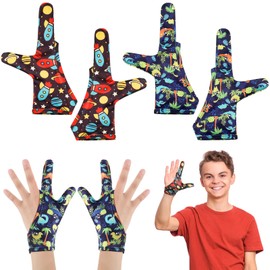 4 Pcs Thumb Sucking Guard Gloves Kids Chewy Compression Gloves Breathable Guard Nail Biting Kids Stop Thumb Sucking and Finger Biting Generally for Ages 8-12 (Space, Dinosaur, 2 Fingers)
