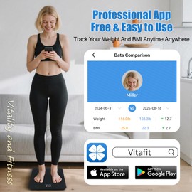 Vitafit Smart Digital Bathroom Scale for Body Weight, High Precision Assured by Weight Scale Professional Factory Since 2001, BMI with App, 400lb in 0.1lb, Spray Silver Black