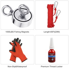 Grtard 1000 LBS Magnet Fishing Kit for Men's Gifts, Double Sided Neodymium Fishing Magnets with Case, 20m (65 Ft) Durable Rope, Protective Gloves, Gifts for Men, Dad, Husband