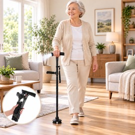 Folding Walking Cane for Seniors with LED Light, Alarm & 4-Foot Base – Adjustable Travel Cane