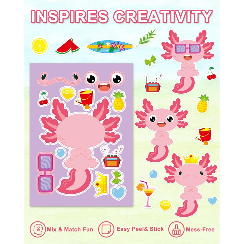 Aowplc 32 Sheets Axolotl Make-a-Face Stickers Mix 'n Match Crafts