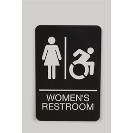 Headline Sign Dynamic WOMEN'S RESTROOM Accessible ADA Sign, Raised White Letters Braille and International Symbols, Rigid Plastic with Mounting Tape included, Made in USA, 6" x 9" x 1/8", Black