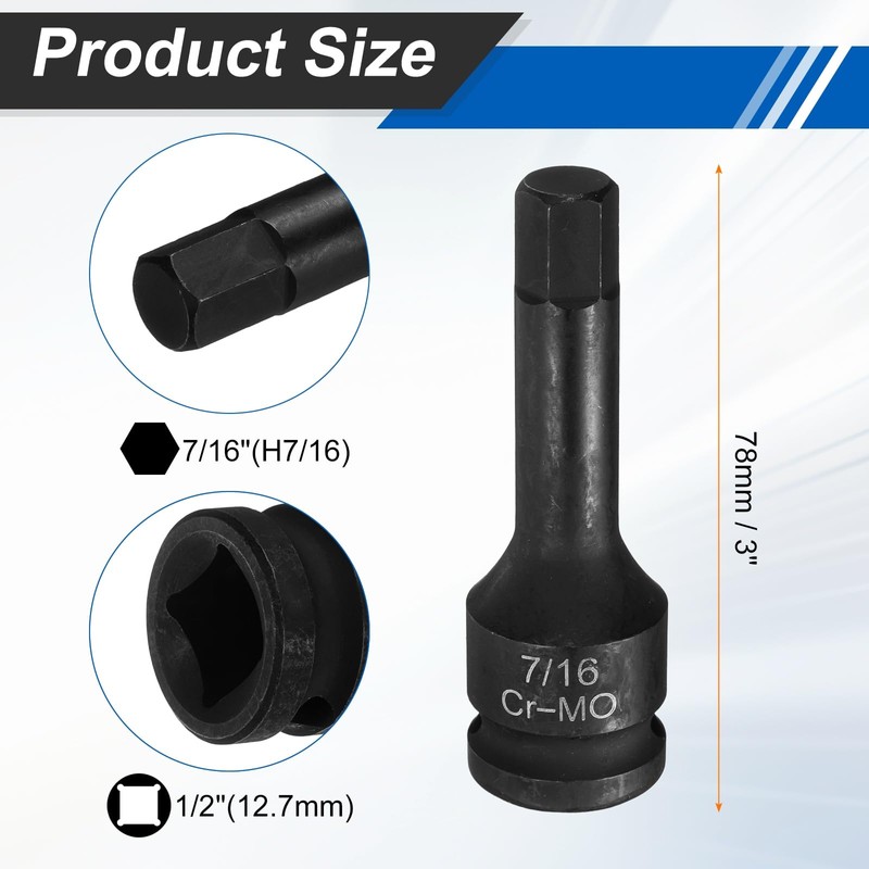 HARFINGTON 1/2" Drive Impact Hex Bit Socket 7/16 Inch SAE