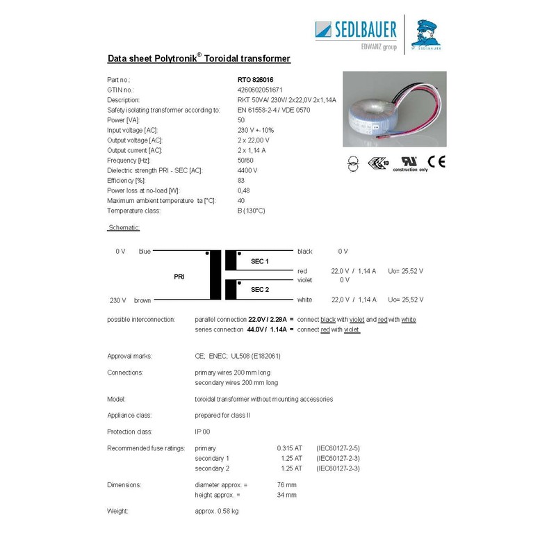 Sedlbauer 826016 Polytronik Basic Toroidal Transformer 50 VA - Input