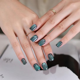 evpct Blue Green Cat Eye Extra Short Press on Nails Square, Petite Short Square Glue on Nails for Women Gift, Dark Teal Green Metallic Glitter Glossy Reusable Gel Press on Acrylic Fake Nail Designs