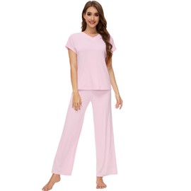 WiWi Viscose from Bamboo Pajama Sets for Women Soft V Neck Sleepwear Short Sleeves Top with Pants Pjs S-XXL, Pink, XX-Large