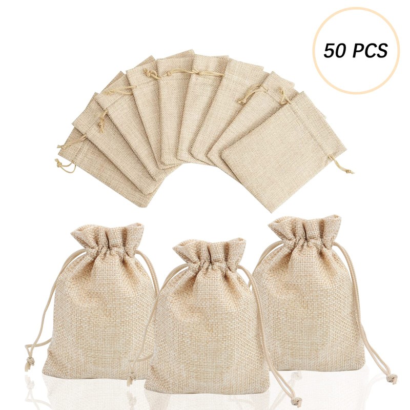 UKOFEW Pack of 50 Small Hessian, Small Bags with Drawstring,