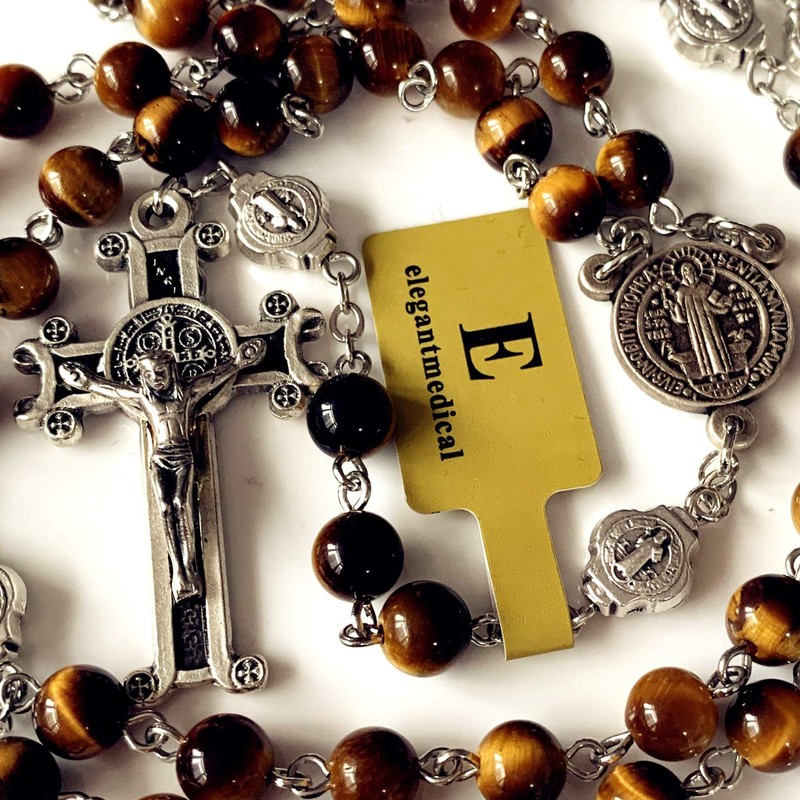 elegantmedical Catholic Nice Saint St. Benedict Tiger Eye Beads Gift