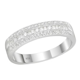 Blongme Moissanite Wedding Bands for Women 925 Sterling Silver Half Eternity Rings Baguette and Round Stacking Ring Size Q