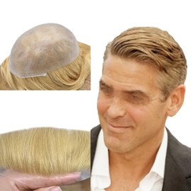 RESHE Thin Skin Mens Toupee Human Hair Replacement System Full Poly Skin Toupee For Man V-Looped Hair Piece For Men Invisible Hairline 8x10#22R Light Blonde 80% Density