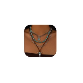 Layered Western Necklaces for Women,Vintage Multi-layer Turquoise Beaded Choker Necklace Punk Cowgirl Water Drop Ox-head Boots Hat Cross Chain Necklaces Country Concert Western Jewelry (Style-E)