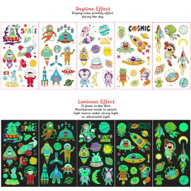 Space Temporary Tattoos,10 Sheets Luminous Planet Fake Tattoo Stickers Glow in Dark Astronaut Rocketship Universe Tattoos for Boys Girls Kids Party Supplies