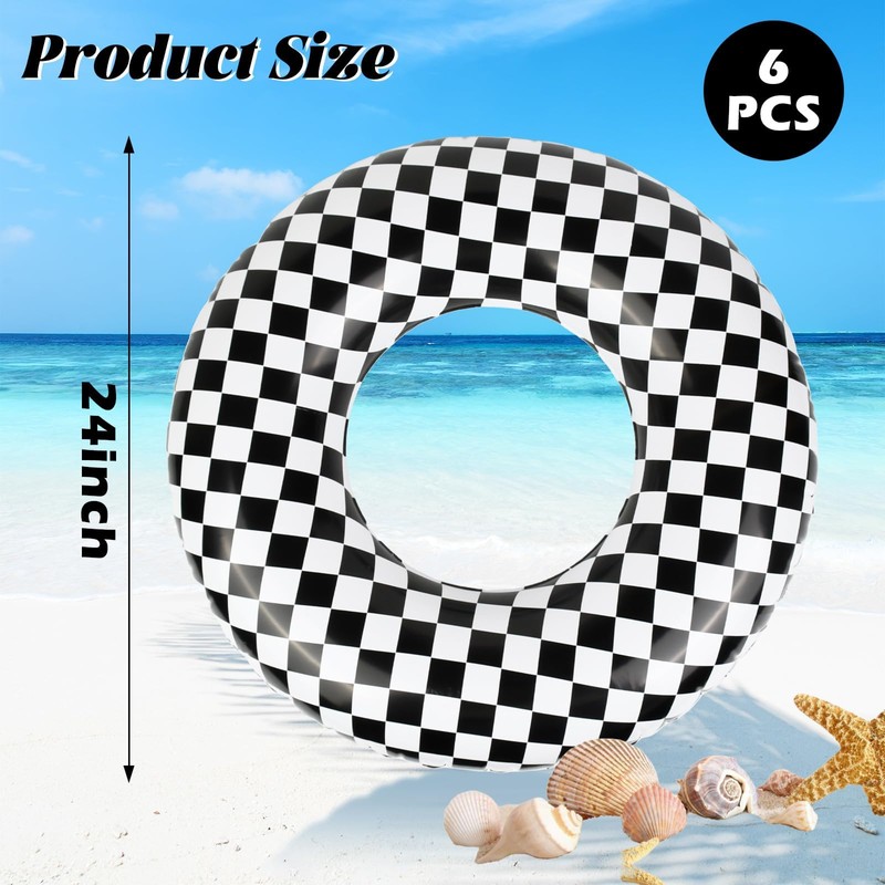 6Pack 24Inch Inflatable Checkered Pool Floats - Racing Car Party