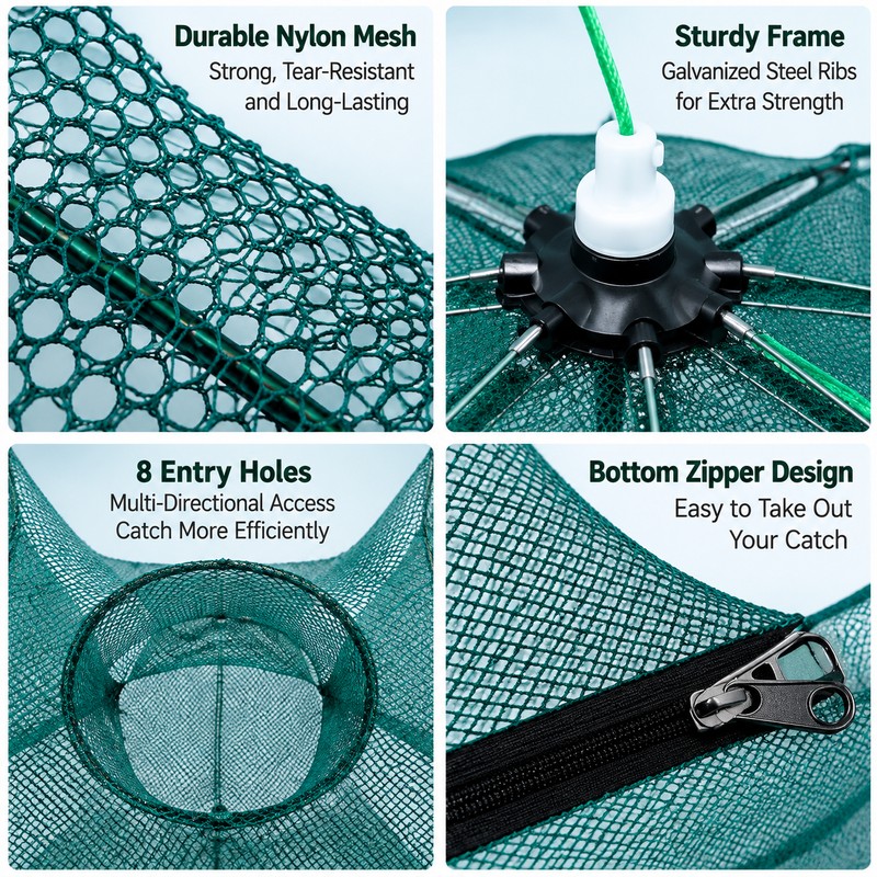 Portable Folding Fishing Trap – 8-Hole Mesh Cage for Crab,