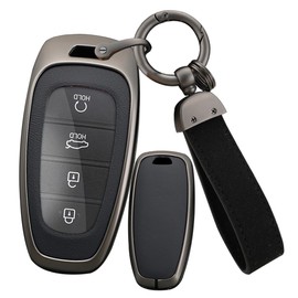 ontto Key Fob Cover Fit for Hyundai Tucson NX4 Santa Fe Ioniq 5 Nexo New Grand Solaris Sonata Hybrid 2022 2021 Alloy Leather Smart Key Shell case keyring Key holder keychain accessories Black A