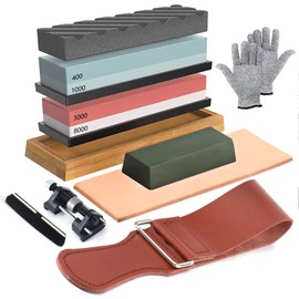 Knife Sharpening Stone Set, 4 Side KitGrit 400/1000/3000/8000 Waterstone, Whetstone Sharpener Set with Non-Slip Bamboo Base, Cut Resistant Gloves, Flatting Stone, Angle Guide & Leather Strop