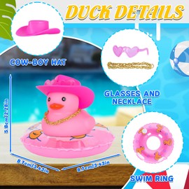 Car Rubber Duck Car Ornaments with Pink Cow-boy Hat,Squeaky Duck Car Dashboard Decorations Party Favors Ducky with Sunglasses Necklace,Pink Swim Ring