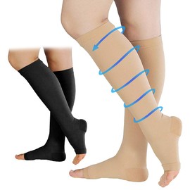 着圧ソックス, 加圧 美脚サポーター ふくらはぎサポーター 段階着圧 引き締め 着圧ハイソックス 弾性ストッキング 立ち仕事 スポーツ お出かけ用 つま先オープンタイプ (XL, ベージュ)…