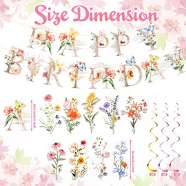 Trandraft 2 Pcs Floral Birthday Party Banners and 18 Pcs Wildflower Hanging Swirl Decorations for Girls Flower Happy Birthday Banner with Hanging Swirls Wildflower Garland Set for Women Party Supplies