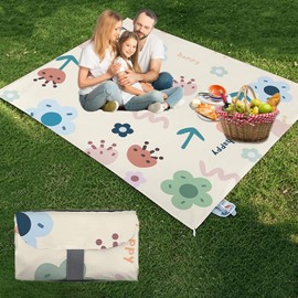 Hikiwin Portable Extra Large Outdoor Picnic Blankets,Sand Free Foldable Beach Mat,Travel Outdoor Camping Blanket,Music Festival Lawn Mats,Cartoon Flower,82.6 x 86.6 Inches,1 Piece