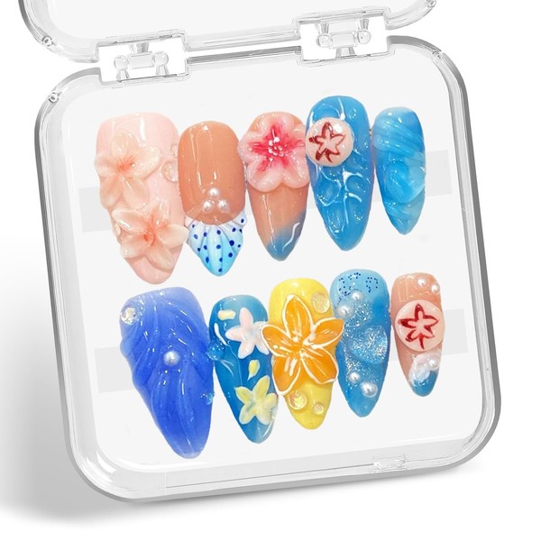 Summer Press on Nails Medium Almond Flower Fake Nails Muti-Layer