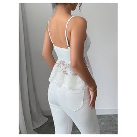 Verdusa Women's Bow Lace Camisole Peplum Tops Sheer Asymmetrical Floral Sleeveless Babydoll Tops White Medium