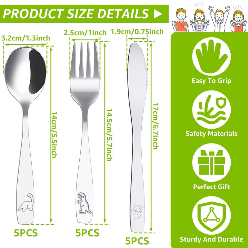 15Pcs Kids Silverware Set,Fork Spoon and Cutter Set,Toddler Utensils Set,410
